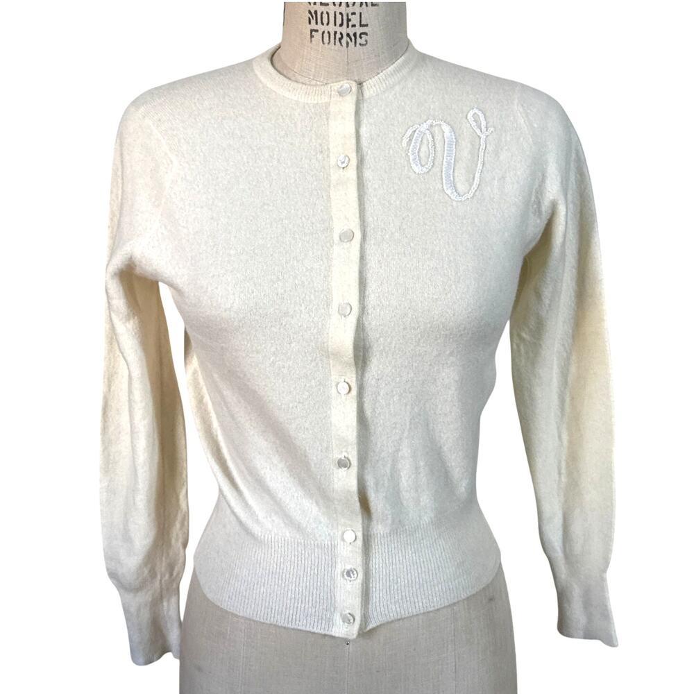 Vintage 50s Dalton Pure Cashmere Cream Cardigan Sweater Beaded V Size Small
